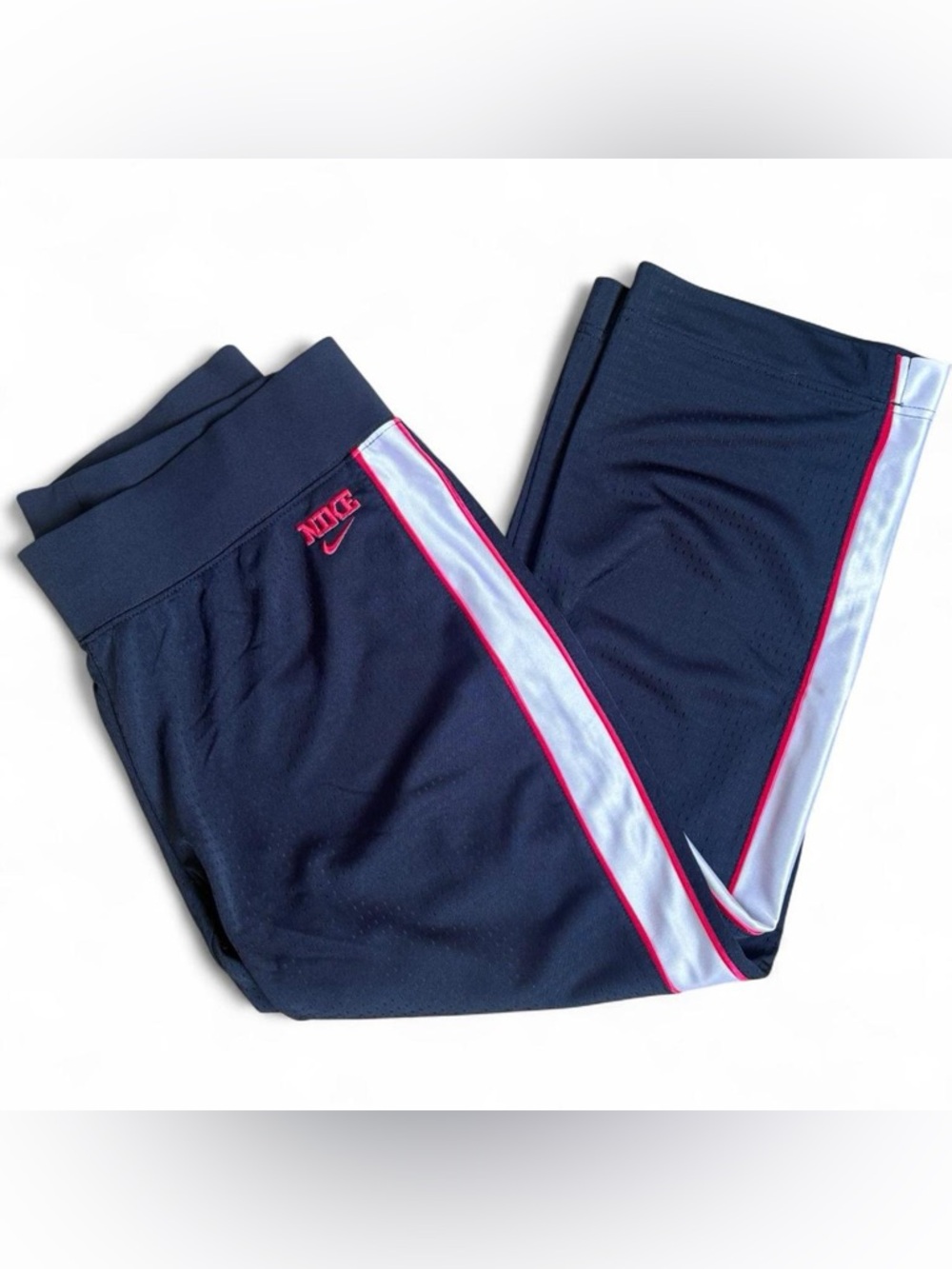 Nike navy track pants with white & pink stripes